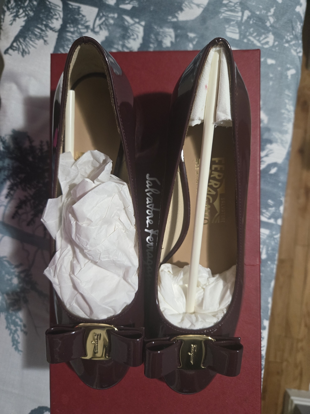 Salvatore Ferragamo Burgundy Patent Vara Bow Flats